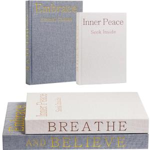 Real Pages Decorative Books Genuine Linen Gold Copper Foiling Engraved Books for Aesthetic Decoration Home Decor Bookshelf Coffee Table Bedside Table Mantle Decor, Set of 2 Faux/Fake Books