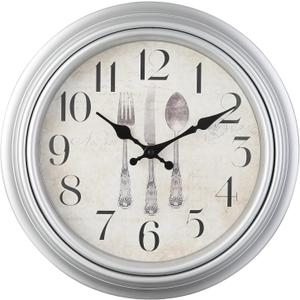 WOOPHEN Vintage Wall Clocks, 10" Silent Non Ticking Retro Wall Clock Quality Quartz Battery Operated Round Decorative Easy to Read for Home Kitchen Living/Dining Room Bedroom Office School (Silver)