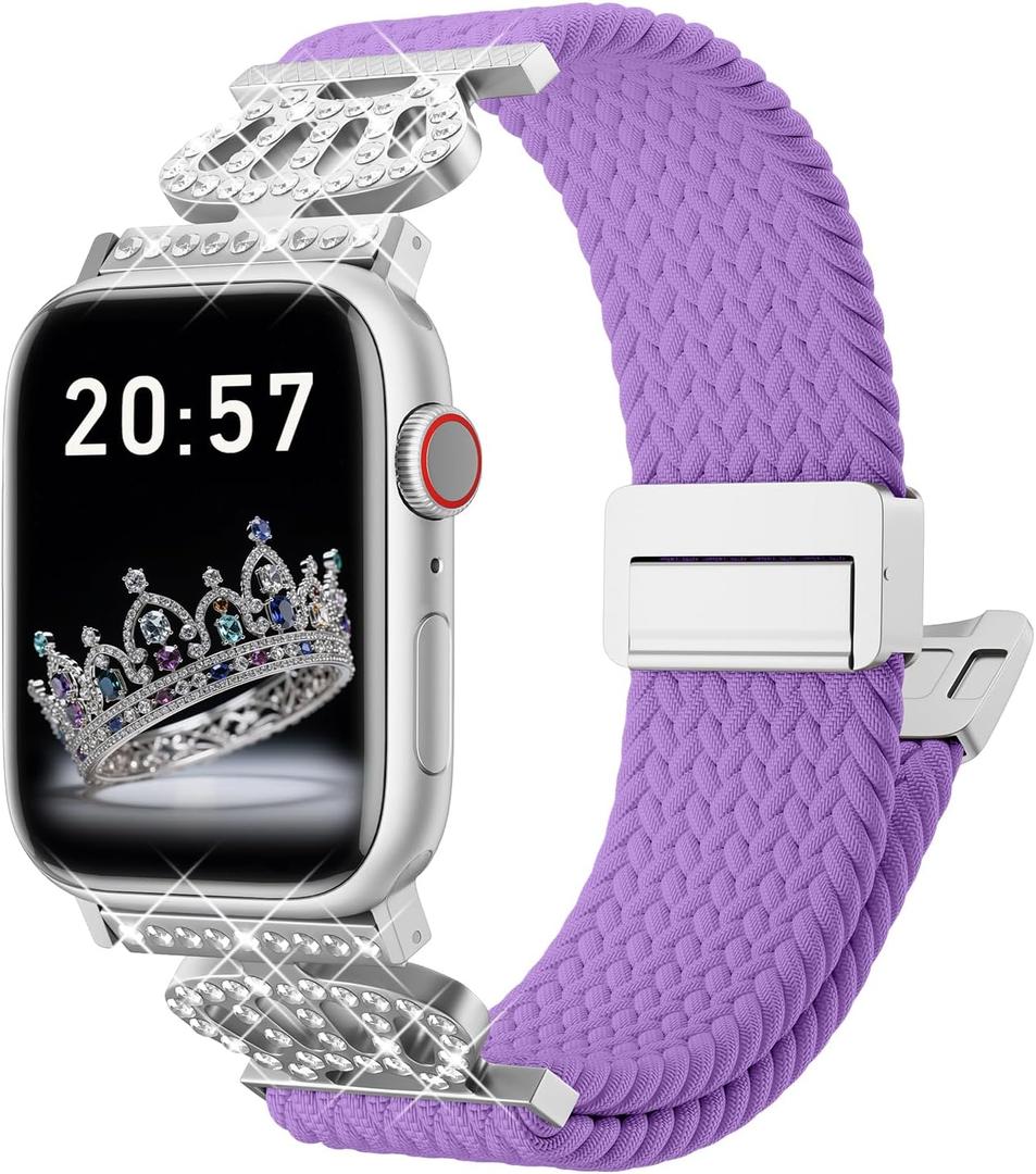 Braided Stretchy Bands with Magnetic Clasp for Apple Watch Band 40mm 38mm 41mm 42mm 44mm 45mm 46mm 49mm, Bling Crown Designer Soft Nylon Sport Solo Loop for iWatch Series 10 9 8 7 6 5 4 3 Ultra 2 1 SE (Light purple)