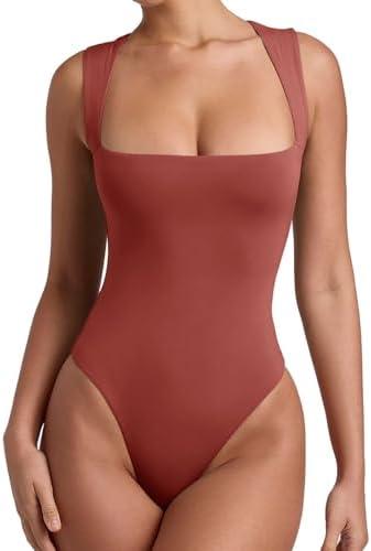 REORIA Butsmooth® Women’s Sexy Sleeveless Square Neck Double Lined Basic Bodysuit Tank Tops XS