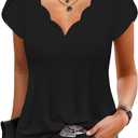 Womens Summer Tops Seashell Edge V Neck Shirts Petal Short Sleeve Top Dressy Casual Tunic Blouses (Black, L)