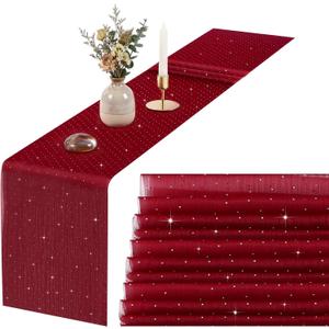 Tegeme 6 Pcs Burgundy Table Runner 12 x 72 Inch Red Rhinestone Glitter Table Runners Sequin Gauze Retro Sheer Rectangle Luxury Decor for Wedding Birthday Bridal Baby Shower Banquet