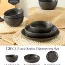 Plates and Bowls Sets, 12-Pieces Stoneware Dinnerware Set Ceramic, Matte Black Dishes Set for 4, Scratch Resistant, Microwave and Dishwasher Safe Tableware, Porcelain