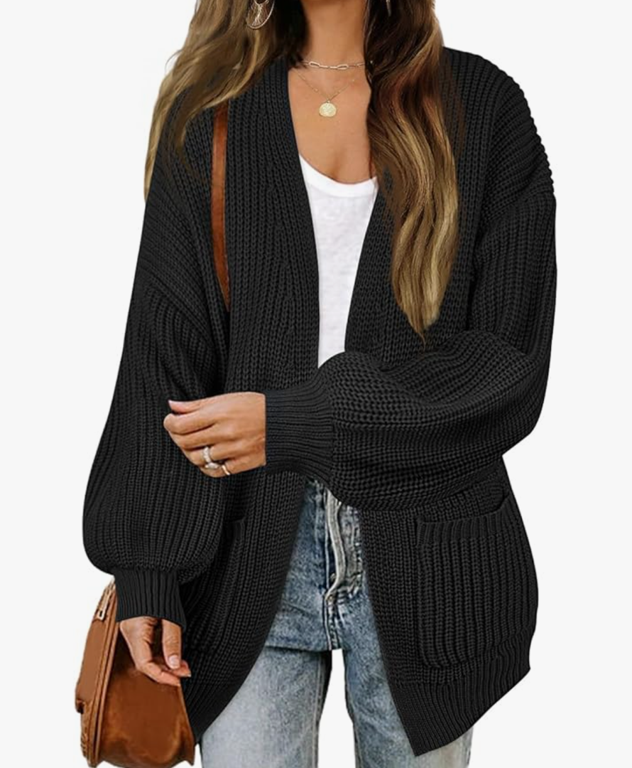 MEROKEETY Women's Chunky Cardigan Sweaters 2025 Lantern Long Sleeve Oversized Knit Outerwear with Pockets Size M