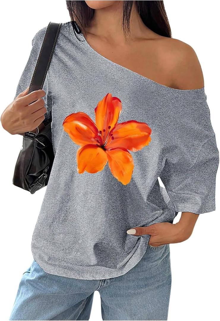 Women's Oversized Off Shoulder Graphic Tees Short Sleeve Bow Letter Print T Shirts Y2K Tops (Gray, L)