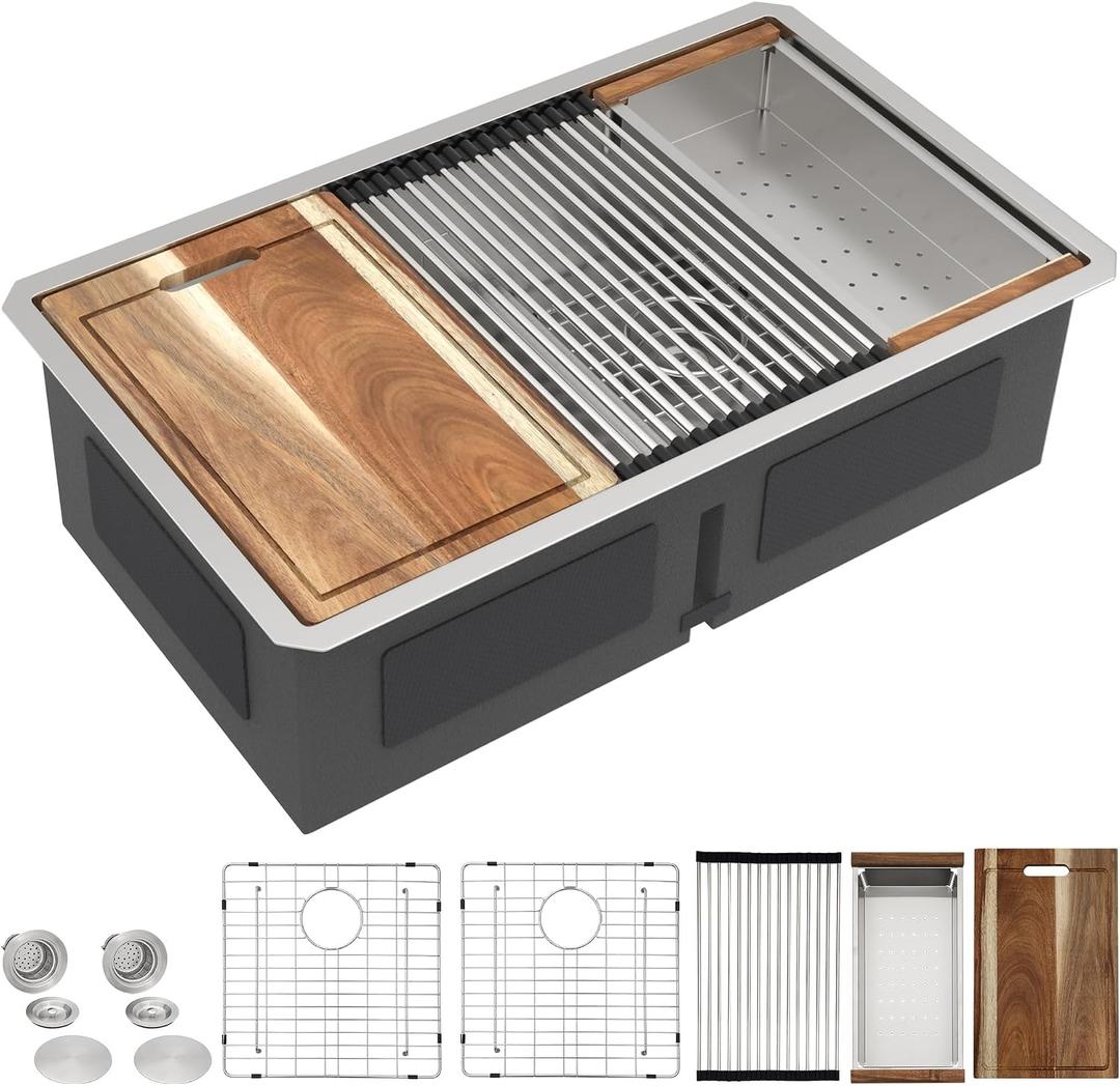33"x19" Undermount Double Bowl Kitchen Sink Workstation