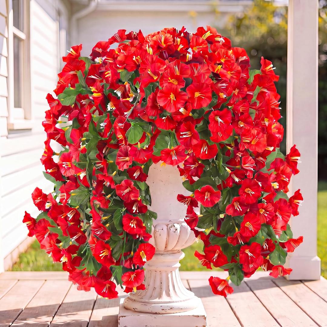 Sggvecsy Artificial Fake Hanging Flowers Plants for Outdoor Outside Spring Summer Decoration 4PCS Faux Silk UV Resistant Realistic Morning Glory Trailing Vines for Home Porch Patio Balcony(Red)