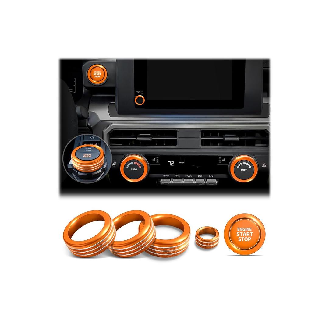 Polodunn for Toyota Tacoma 2024 2025 2026 & 4Runner 2025 2026 Accessories, 8-Inch Screen Aluminum Alloy Knob Cover Trim (Orange, 6-Piece Set) - Fits Push Start, AC, Volume & 4WD Gear Switch