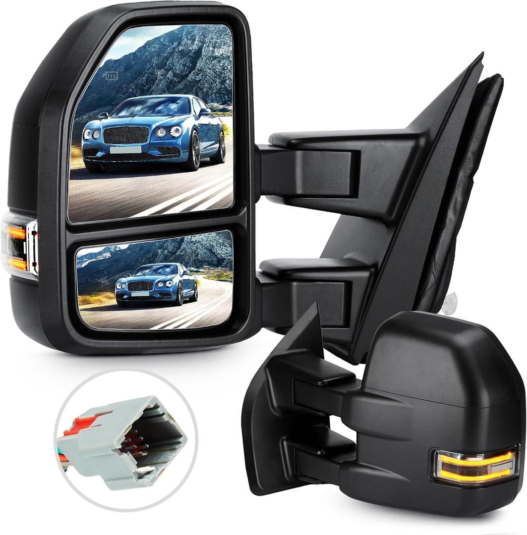 Towing Mirrors for Ford F-150 2015 2016 2017 2018 2019 2020 Power heated Temperature sensor with Turn Signal Light Manual Folding Telescoping 8 Pin Plug (1 Pair)