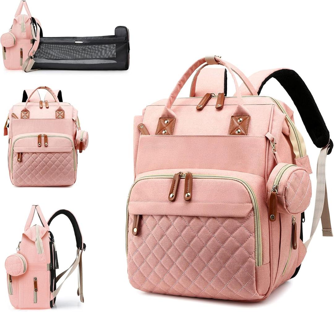 Diaper Bag with Changing Station, Waterproof 3 in 1 Baby Diaper Backpack with Foldable Changing Pad, Large Travel Backpack for Baby Girl Boy, Peach Pink