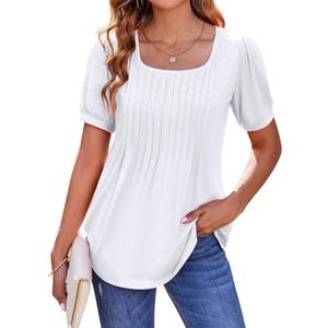 Zeagoo Womens Summer Tops Casual Puff Short Sleeve T Shirts Floral/Solid Pleated Tunics Square Neck Work Blouse S