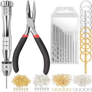 LEOBRO Hand Drill, 222 PCS Pin Vise Hand Drill with Drill Bits(0.8 mm-3 mm), Needle Nose Pliers, Keychain Making Kit, Jewelry Making Supplies, Hand Drill Tools for Jewelry Keychains Making