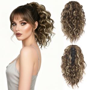 12 Inch Ponytail Extension - Soft Curly Pony Tails Hair Extensions, Claw Clip Ponytail Extension, Synthetic Clip in Ponytail Hair Extensions (Color: Ash Brown with Beige Blonde Highlights)