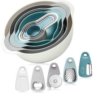Mixing Bowls for Kitchen, 13 Piece Plastic Nesting Bowls Set Includes 2 Mixing Bowls, 1 Colander, 1 Sifter, 4 Measuring Cups, 5 Kitchen Gadgets for Baking Prepping Cooking and Serving, BPA Free