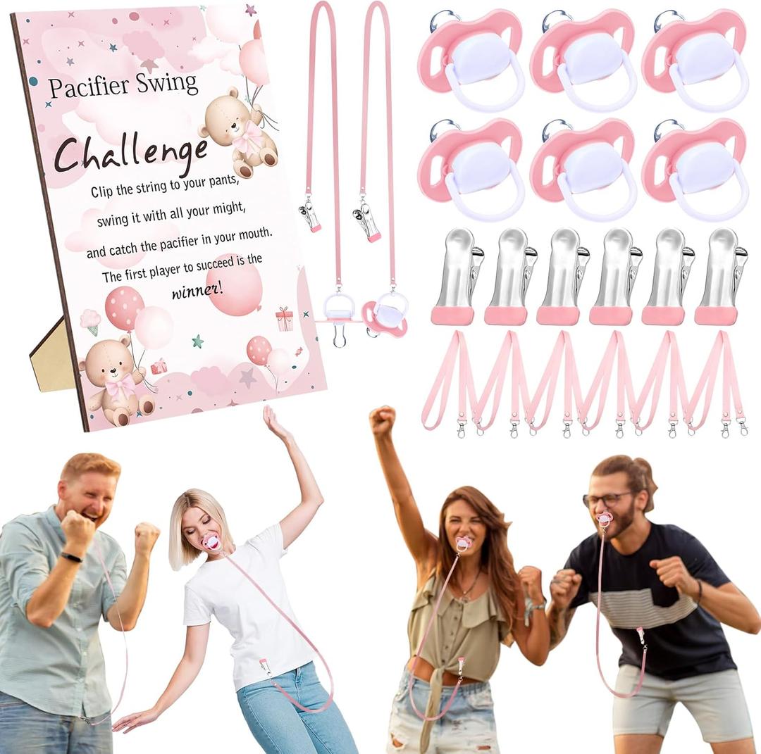 Geelin 6 Sets Swing Pacifier Shower Game Funny Gender Reveal Games, Include 1 Wooden Sign, 6 Pacifiers, 6 Clips, 6 Lanyards for Bridal Shower Gender Reveal Party Favor Women Men(Pink Bear)