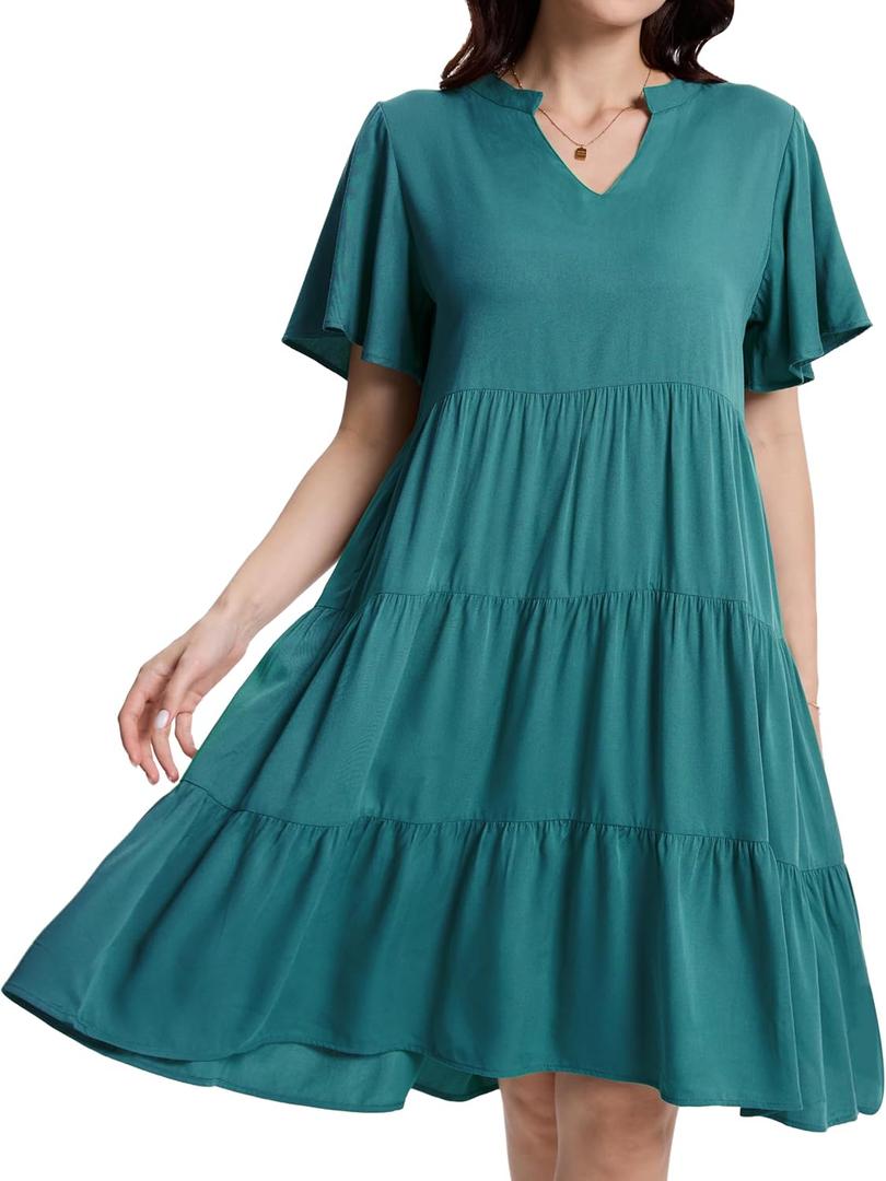 Womens Casual Tiered Swing Midi Dress Ruffle Sleeve V Neck A Line Petite Summer Dresses with Pockets (Deep-green)