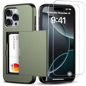 Benbenjaytek for iPhone 16 Pro Wallet Case with Card Holder + 2 Tempered Glass Screen Protector Protective Shockproof Hidden Card Slot Slim Case Women Men iPhone 16 Pro 6.3″ 2024 (Deep Green)