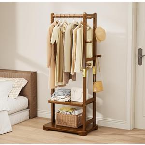 Taitiy Coat Rack Solid Wood Clothes Rack with 2 Shelves & 4 Hooks for Hanging Clothes Garment Wallets Hats, Clothing Rack Coat Rack Freestanding Hall Tree with Storage for Hallway Bedroom Living Room