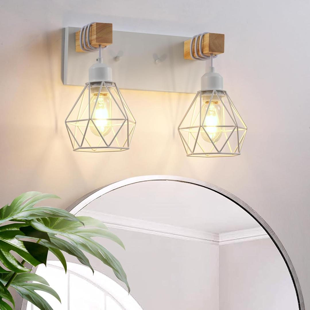 Farmhouse Vanity Light for Bathroom, 2-Light White Wood Bathroom Vanity Light Fixtures Over Mirror, Rustic Sconces Wall Lighting with Metal Lampshade for Living Room, Bedroom, Hallway