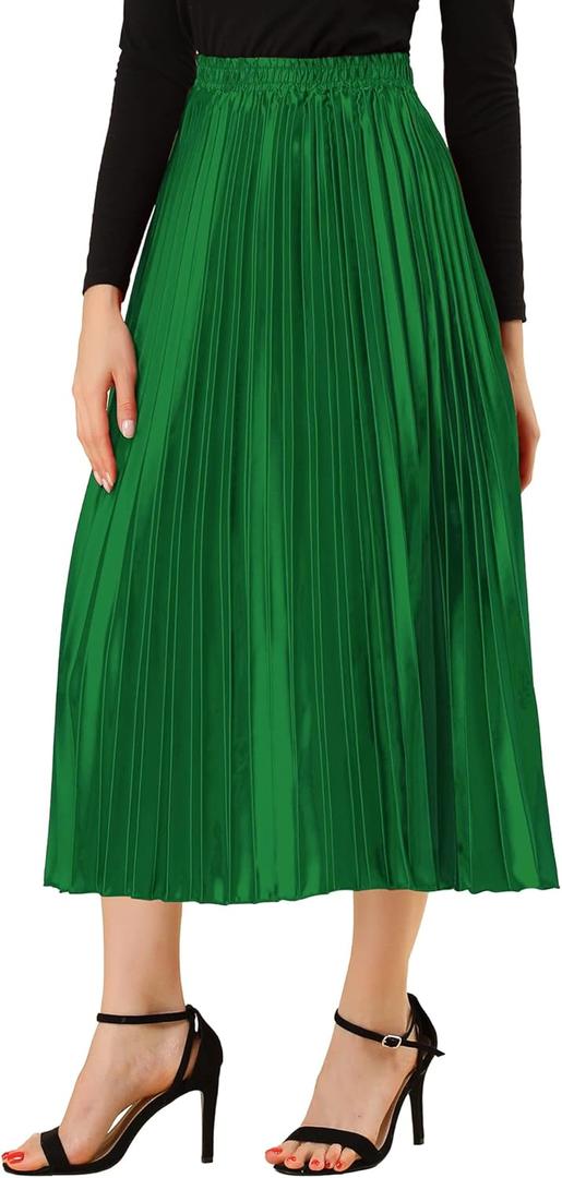 Allegra K Women Pleated Skirt Midi Length Elastic High Waisted A Line Metallic Shirring Party Skirts (Green)