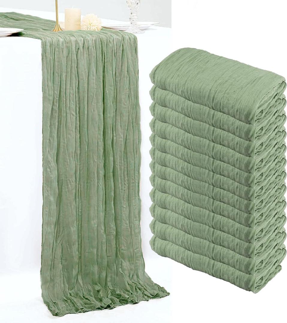 12 Pack Sage Green Table Runner, 10FT Spring Easter Boho Gauze Green Cheesecloth Table Runner 35 x120 Inch Semi Sheer Cheese Cloth Runner for Wedding Party Banquet Baby Shower Birthday