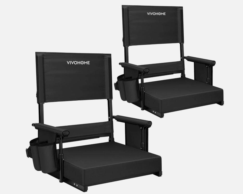 VIVOHOME 2 Pack Stadium Seats with Back Support and Cushion, Portable Bleacher Chair with Cup Holder and Shoulder Strap Black, 12.5 x 16.5 x 16.5 Inches