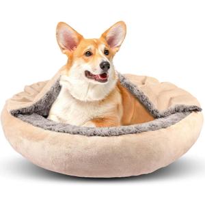 JOEJOY Small Dog Cat Bed With Hooded Blanket, Cozy Cuddler Luxury Puppy Pet Donut Round Calming AntiAnxiety Burrow Cave  AntiSlip Bottom, Machine Washable, 23 Inch