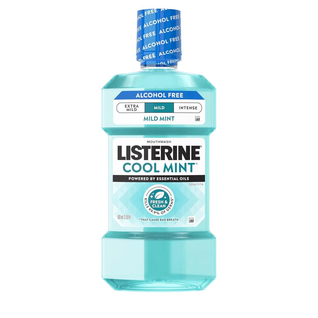 Listerine Cool Mint Alcohol-Free Mild Mouthwash, Oral Rinse Kills 99.9% of Germs that Cause Bad Breath, Less Intense Taste, Mild Mint Flavor, 500 mL (16.9 Ounce (Pack of 6))