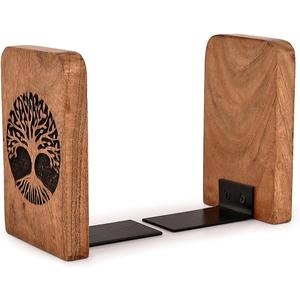2 x Decorative Bookend Iron & Acacia Wood | Desktop Organize Book Ends for Decorative Accessories for Bookshelf to Hold Books Firmly (4" X 4" X 6") (Set of 2)