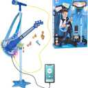 TAKIHON Guitar and Microphone Set for Kids,Guitar Toys with Music&Colorful Light,Adjustable Height Microphone with Stand,Karaoke Toys Gift for Boy,Girls,Toddlers(Blue)-Upgraded