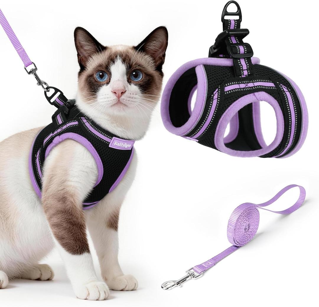 Rabbitgoo Cat Harness and Leash Set for Walking Escape Proof, Adjustable Soft Kittens Vest with Reflective Strip for Cats, Comfortable Outdoor Vest, Black & Light Purple, L
