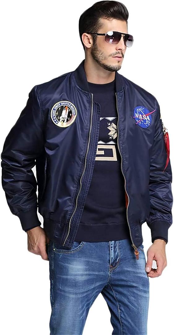 Big pocket jacket Men Slim fit NASA letter printing National flag armband Bomber jacket (Small)
