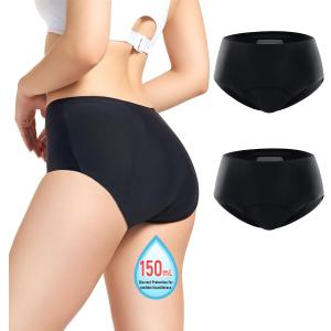 CARER Incontinence Underwear for Women Washable 150ml Super Absorbent Leak Proof Underwear Womens Incontinence Panties for Women Incontinence Period Postpartum Leakage Protective Briefs Black 2pcs-2XL