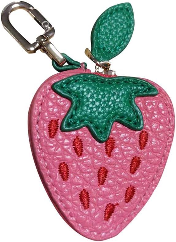 Cute Fruit Charm Leather Zipper coin purse With Keychain,Coin Organizer, Mini Fashion Accessory Leathe Storage Bag for Women (Strawberry)