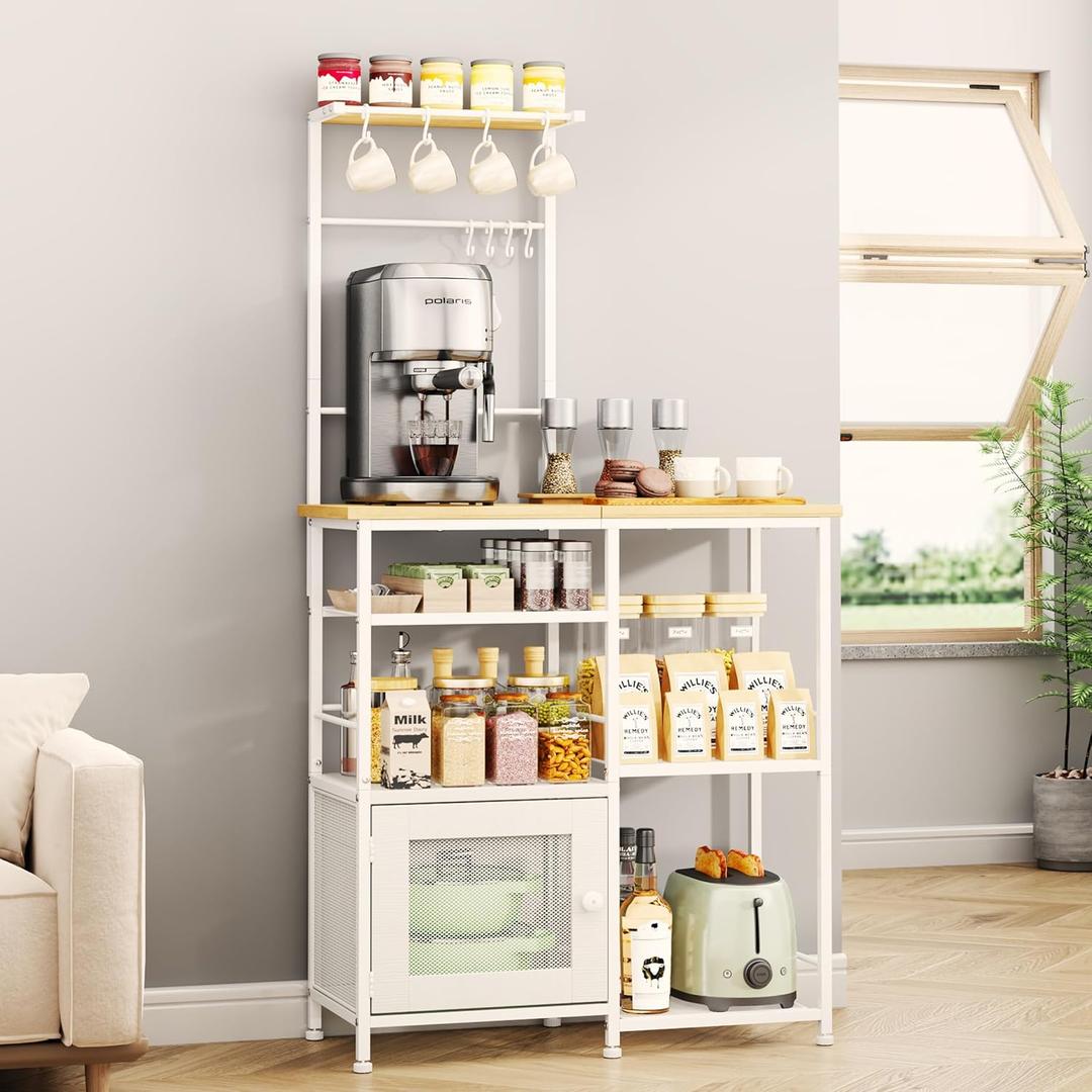 SWTYMIKI Bakers Rack with Storage - Coffee Bar Cabinet Organizer with 8 Hooks, Shelves & Cabinet Door, Coffee Station for Kitchen Dining Room, Microwave Stand with Adjustable Feet, White