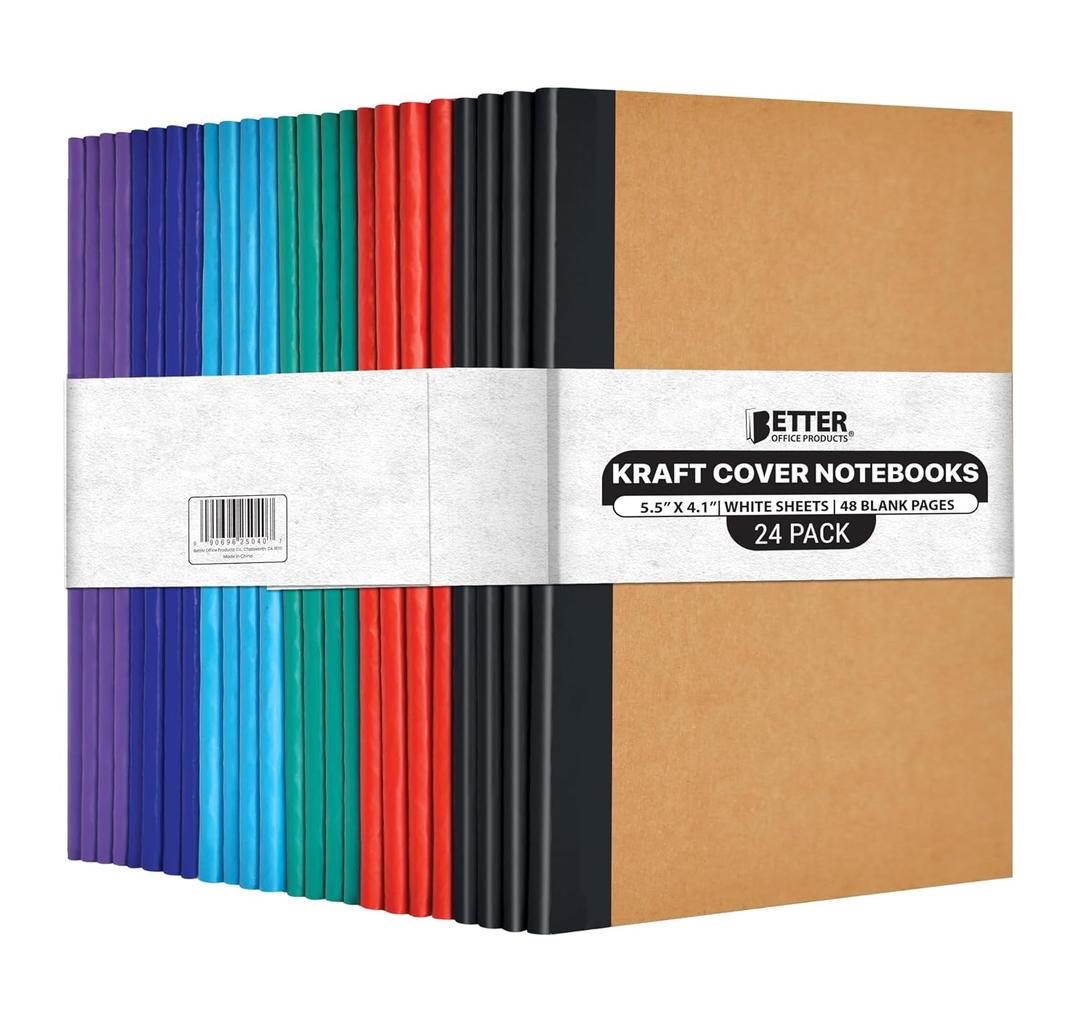 Better Office Products 24 Pack Small Kraft Notebooks, 4.1 in x 5.5 in, 120gsm, 48 Heavyweight Unlined Blank White Pages, Assorted Vibrant Color Spines, Soft Cover Mini Notebooks, Art Sketchbooks