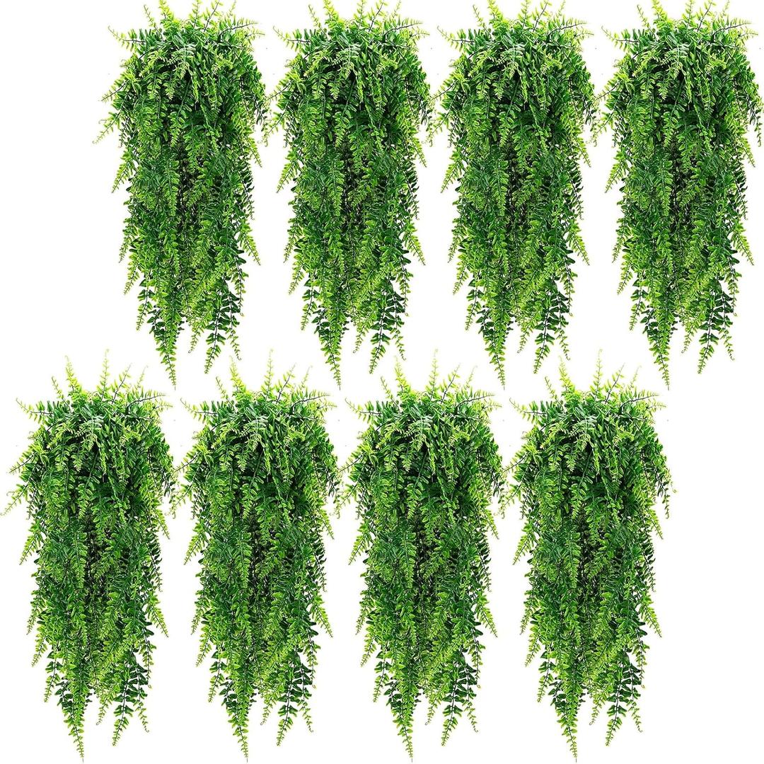 Lyrow 8 Pcs Artificial Hanging Plants 32 in Fake Plant Fake Boston Ferns Plastic Faux for Wall House Room Garden Wedding Garland Indoor Outdoor Decoration, No Basket