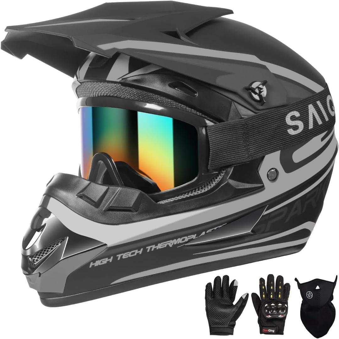 Youth Kids Motocross Helmet, Adult ATV Dirt Bike Helmet, Off-Road BMX 4-Wheeler Full Face Motorcycle Helmet W/Goggles Gloves & Mask, DOT Approved, Gray, M