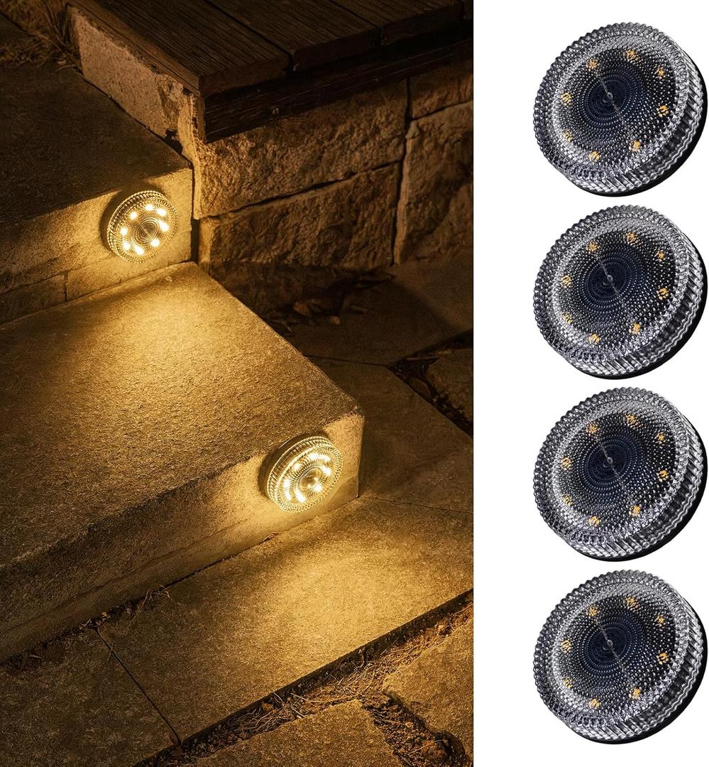 Glass Solar Step Lights with Bubble Style, Modular-Design Waterproof Outdoor Fence Lights for Stairs Step Yard Patio Garden Wall Pathway, Decorative Patio Table Lighting, Warm White (4 Pack)