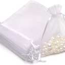 Akstore 50PCS Premium Sheer Organza Gift Bags, 3X4 inch Elegant Jewelry Pouches, Wedding Favors, Christmas Party Decorations, Bathroom Soaps & Makeup Wrapping Supplies (White)