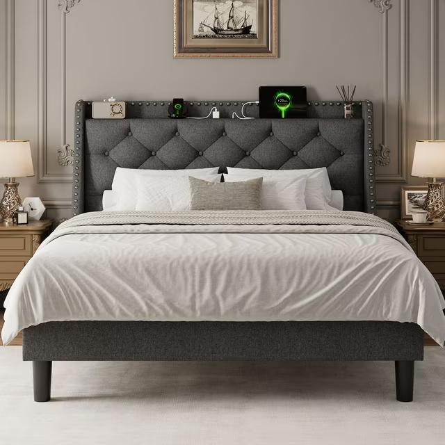 Virans Queen Bed Frame with 16" Deluxe Wingback & Charging Station, Upholstered Platform Bed with Button Tufted Storage Headboard, Dark Grey