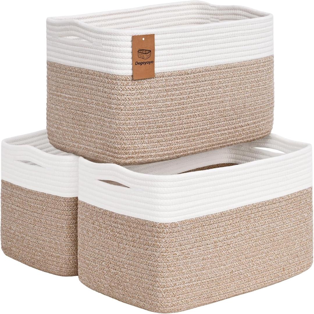 Woven Storage Baskets, Baskets for Organizing, 3 Pack Woven Basket for Storage, Storage Baskets for Shelf, Towel, Toy, Book, Closet, Baby 15"10"9" (White&Brown)