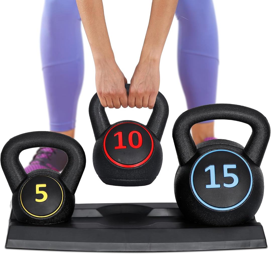 F2C 3-Piece Kettlebell Set with Storage Rack 5lb, 10lb, 15lb Weights HDPE Coated Concrete Kettlebells Core Training for Home Gym Exercise Fitness