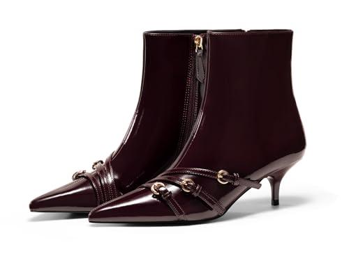 Coutgo Womens Buckle Strap Ankle Booties Kitten Low Heel Pointed Toe Y2K Boots Side Zipper Fall Shoes (7, Burgundy)