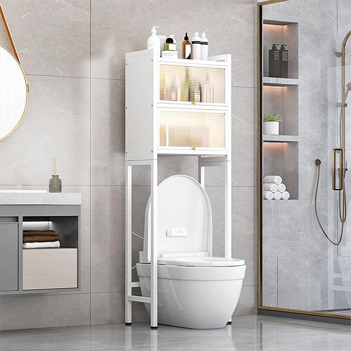 Perdisheng Over The Toilet Storage Cabinet, 3 Tier Over Toilet Storage Rack with Flip Door and Non-Slip Feet, Bathroom Shelf Organizer with Metal Frame, Freestanding Toilet Shelf Space Saver, White