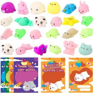 Qudoustar 28 Pack Valentines Day Cards for Kids School Classroom - Cute Mochi Stress Relief Fidget Toys, Kids Valentines Day Gifts for School Classroom Exchange, Class Party Favors for Boys and Girls