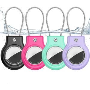 4 Pack Waterproof for AirTag Holder with Cable Wire, Anti-Lost Secure Keychain for Apple AirTag, Shockproof Case for Keys/Luggage/Backpacks/Pets, No Signal & Sound Interference