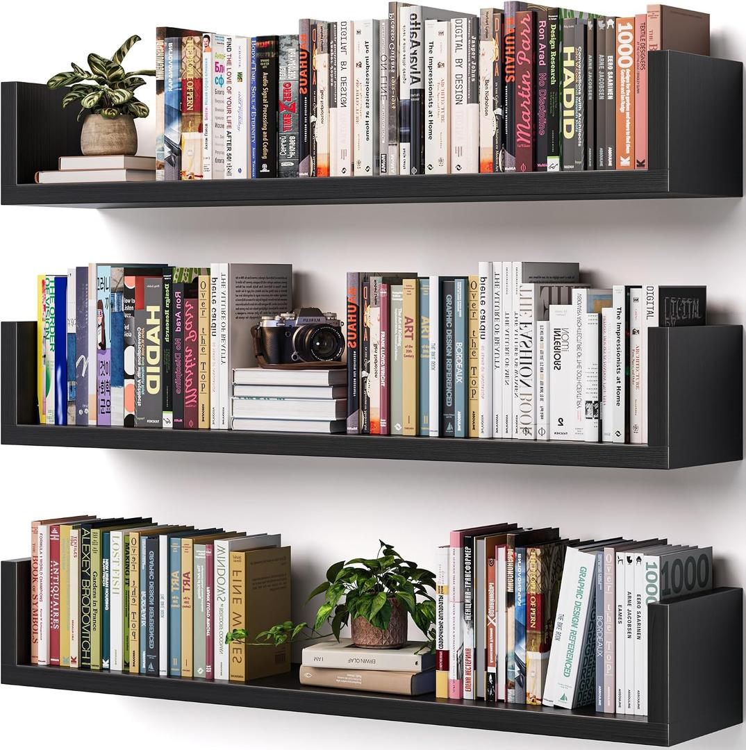 Wall Bookshelf, Set of 3, U Shaped Floating Bookshelf, Hanging Bookshelves for Wall, Wall Mounted Shelves for Living Room Bedroom Office (Black, 23.6 Inches, 3)