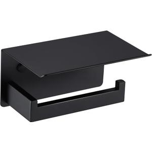 LANC Matte Black Toilet Paper Holder with Shelf, Adhesive or Screw Bathroom Toilet Paper Roll Holder with Phone Shelf for Bathroom Wall Mount, Tissue Roll Holder Stainless Steel, A8367MB