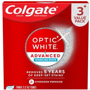 Colgate Optic White Advanced Hydrogen Peroxide Toothpaste, Teeth Whitening Toothpaste Pack, Enamel-Safe Formula, Helps Remove Tea, Coffee, and Wine Stains, Sparkling White, 3 Pack, 3.2 oz